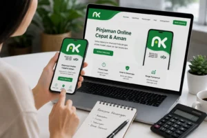 Ilustrasi seseorang menggunakan aplikasi pinjaman online cepat cair di smartphone dan laptop dengan tampilan layanan finansial resmi OJK